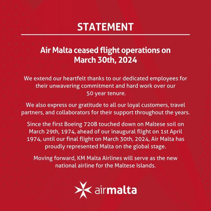 马耳他航空停运公告