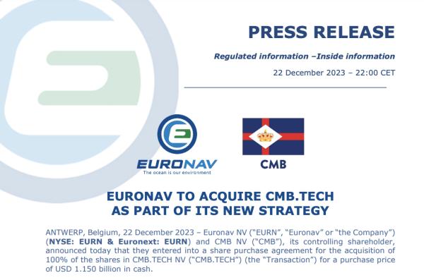 欧洲著名油轮品牌Euronav以11.5亿美元收购CMB.TECH
