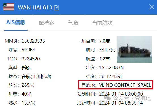 WANHAI613轮声明与以色列无关