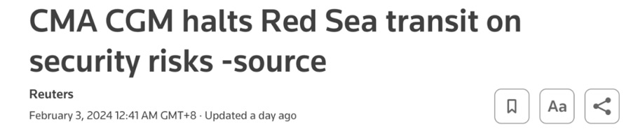 多家媒体相关报道达飞停运红海船舶