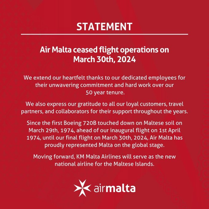 马耳他航空停运公告
