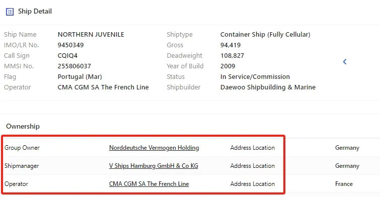船管公司为德国V.Ships Hamburg GmbH公司