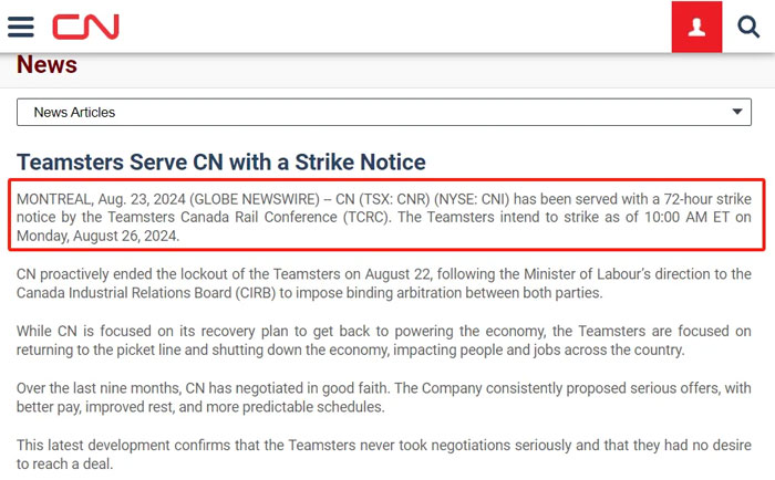 The Canadian railway company CN was notified of the strike