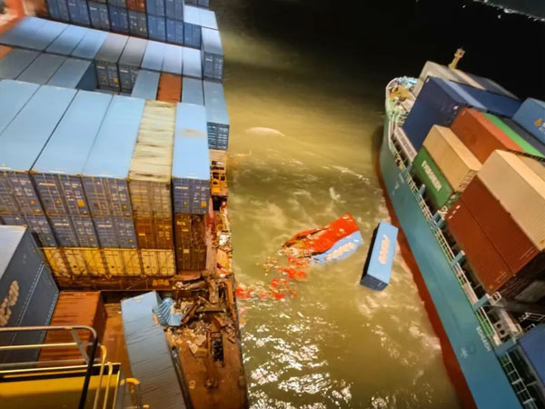 Three containers fell into the water after two ships collided at Nansha Terminal No. 3 in Guangzhou