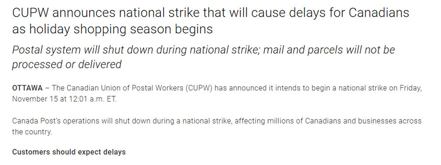 CUPW 宣布全国罢工