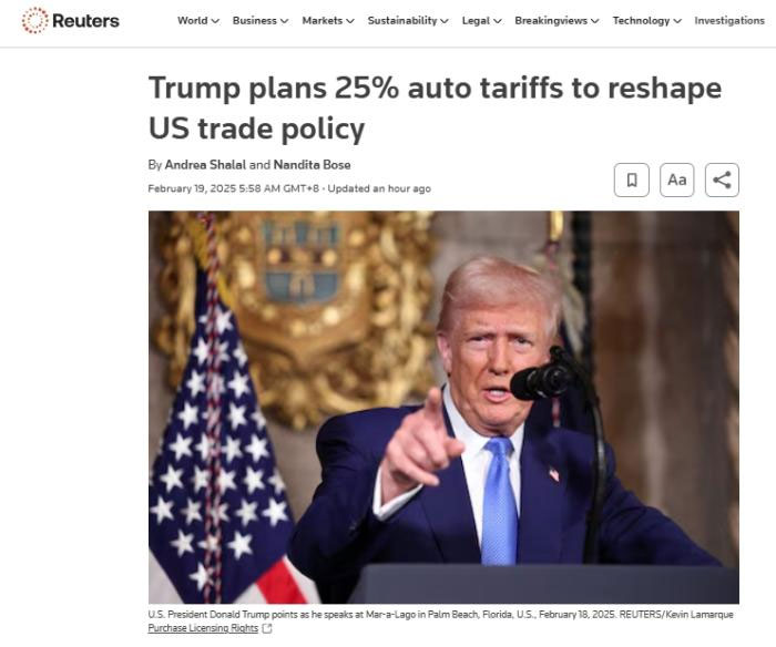 特朗普将对进口汽车征收25%左右关税