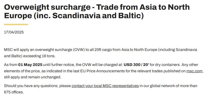 MSC将对从亚洲到北欧征收OVW